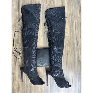 Vigo Fiore Sz 8 Over Knee Stiletto Black Sequin Open Toe‎ Boots Laceup Zipper